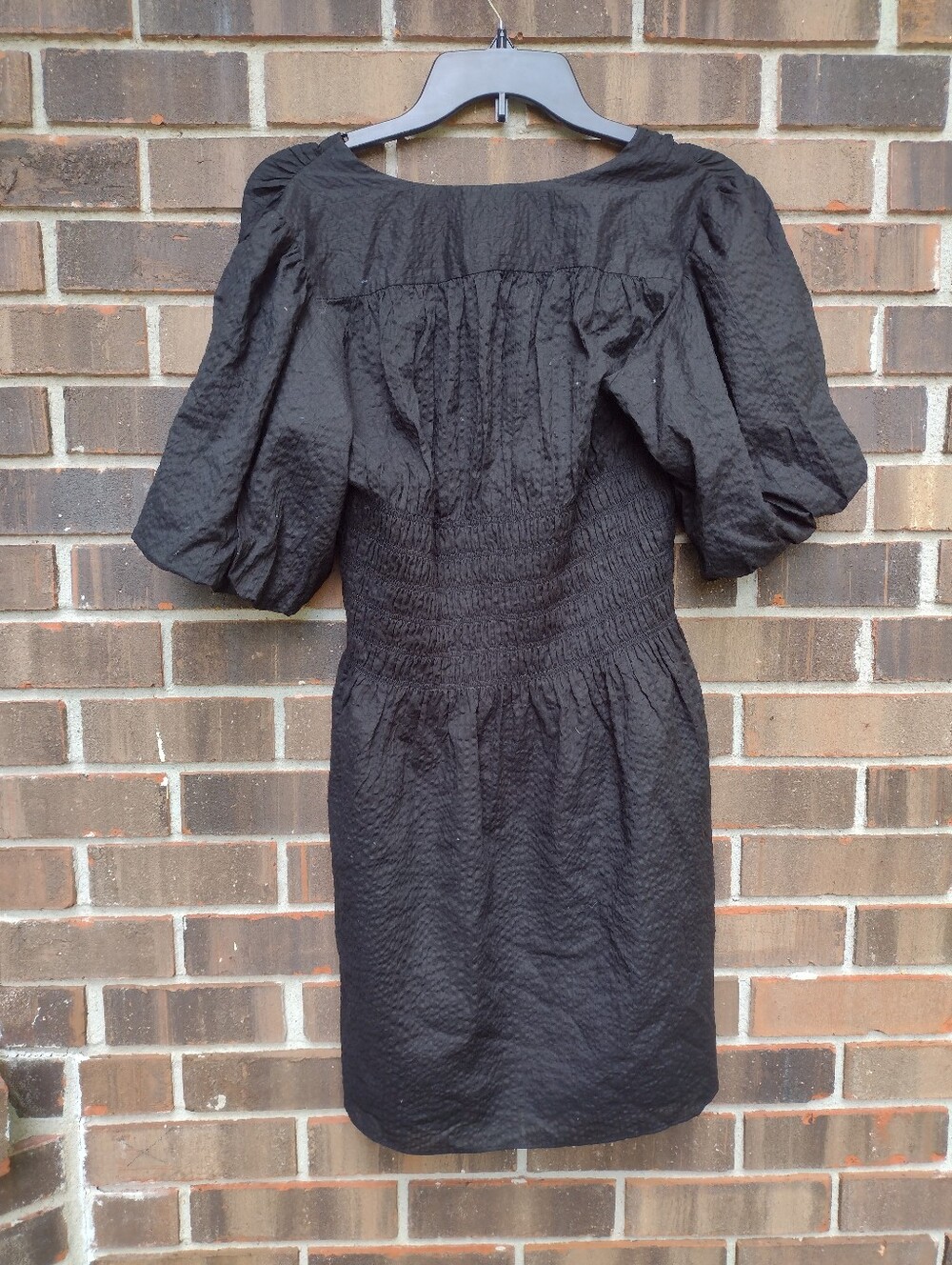 FRAME Mini Dress Cotton Smocked Puff Sleeve Textured Noir Black - Picture 5 of 8